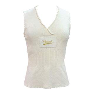 Chanel Ivory Wool Knit Logo Patch Tank Top