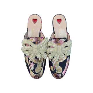 Gucci Black Multicolour Floral Brocade Pearl Bow Princetown Mules EU 37.5