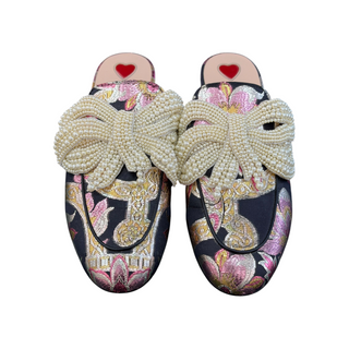 Gucci Black Multicolour Floral Brocade Pearl Bow Princetown Mules EU 37.5