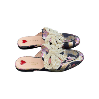 Gucci Black Multicolour Floral Brocade Pearl Bow Princetown Mules EU 37.5