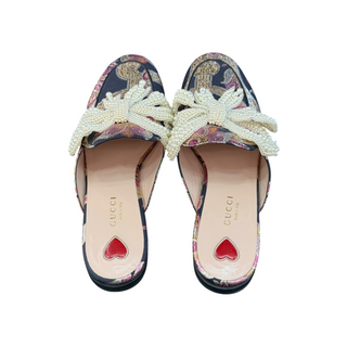 Gucci Black Multicolour Floral Brocade Pearl Bow Princetown Mules EU 37.5