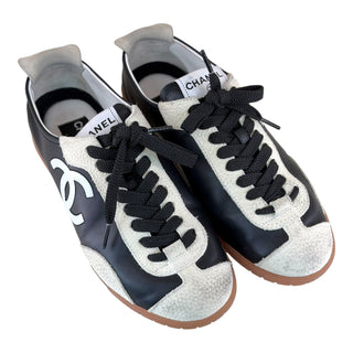 Chanel CC Logo Leather & Suede Low Top Sneakers Black & White