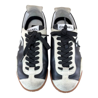 Chanel CC Logo Leather & Suede Low Top Sneakers Black & White