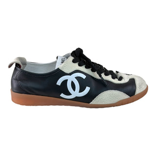 Chanel CC Logo Leather & Suede Low Top Sneakers Black & White
