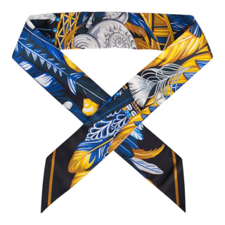 Hermès Silk Twilly Scarf Feather Motif Navy & Gold