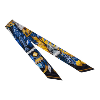 Hermès Silk Twilly Scarf Feather Motif Navy & Gold