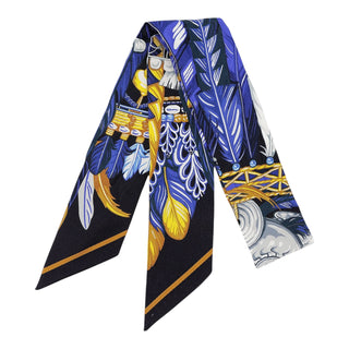 Hermès Silk Twilly Scarf Feather Motif Navy & Gold