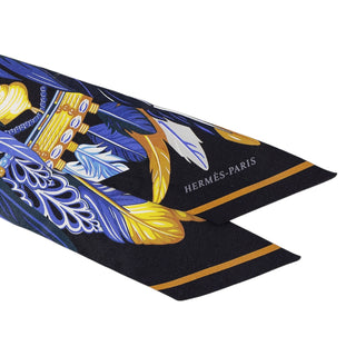 Hermès Silk Twilly Scarf Feather Motif Navy & Gold