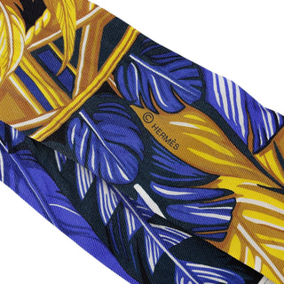 Hermès Silk Twilly Scarf Feather Motif Navy & Gold