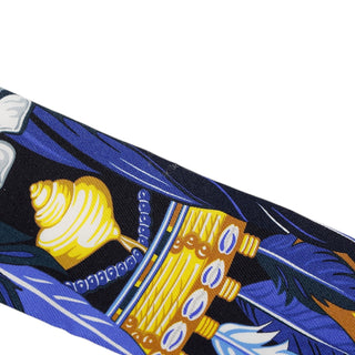 Hermès Silk Twilly Scarf Feather Motif Navy & Gold