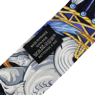 Hermès Silk Twilly Scarf Feather Motif Navy & Gold