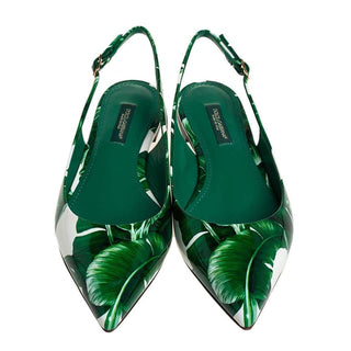 Dolce & Gabbana White & Green Banana Leaf Print Slingback Flats