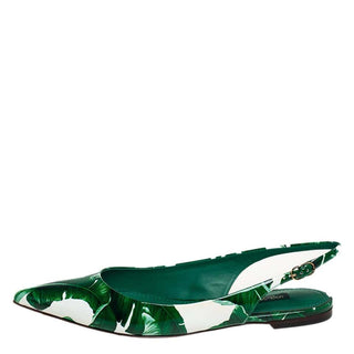 Dolce & Gabbana White & Green Banana Leaf Print Slingback Flats