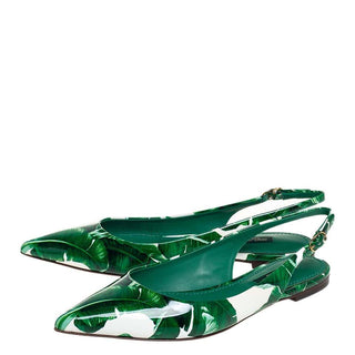 Dolce & Gabbana White & Green Banana Leaf Print Slingback Flats
