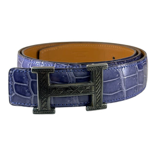 Hermès Blue Crocodile Skin Belt with Silver H Touareg Buckle