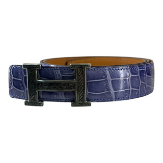 Hermès Blue Crocodile Skin Belt with Silver H Touareg Buckle