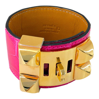 Hermès Collier de Chien (CDC) Crocodile Bracelet – Rose Scheherazade / Gold Hardware