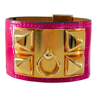 Hermès Collier de Chien (CDC) Crocodile Bracelet – Rose Scheherazade / Gold Hardware