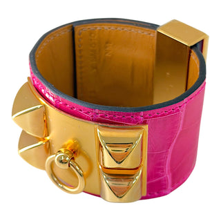 Hermès Collier de Chien (CDC) Crocodile Bracelet – Rose Scheherazade / Gold Hardware