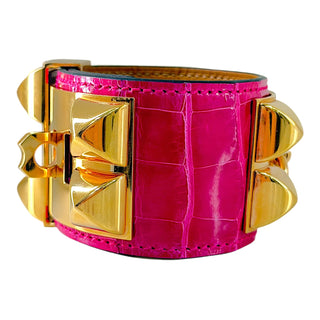 Hermès Collier de Chien (CDC) Crocodile Bracelet – Rose Scheherazade / Gold Hardware