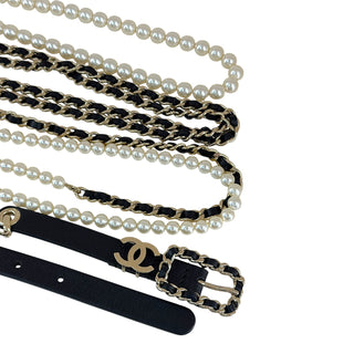 Chanel Pearl Chain Leather Waist Belt Black Silver Hardware
