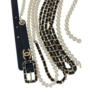 Chanel Pearl Chain Leather Waist Belt Black Silver Hardware