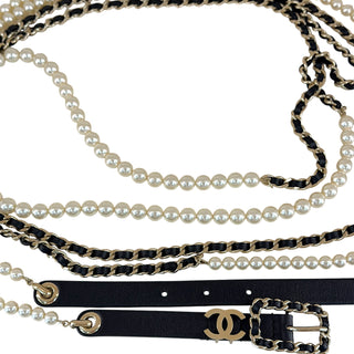 Chanel Pearl Chain Leather Waist Belt Black Silver Hardware