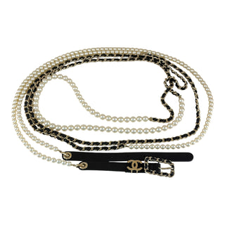 Chanel Pearl Chain Leather Waist Belt Black Silver Hardware
