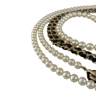 Chanel Pearl Chain Leather Waist Belt Black Silver Hardware