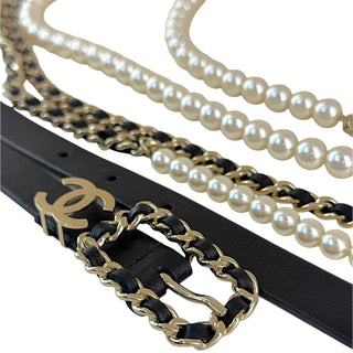 Chanel Pearl Chain Leather Waist Belt Black Silver Hardware