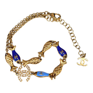Chanel CC By The Sea Fish Charm Choker Necklace in Gold, Blue & White Enamel
