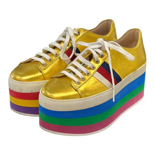 Gucci Peggy Metallic Gold Rainbow Platform Sneakers