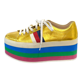 Gucci Peggy Metallic Gold Rainbow Platform Sneakers
