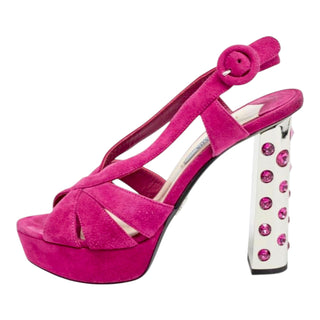 Prada Fuchsia Pink Crystal Heel Suede Platform Sandals