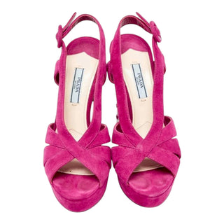 Prada Fuchsia Pink Crystal Heel Suede Platform Sandals