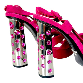 Prada Fuchsia Pink Crystal Heel Suede Platform Sandals