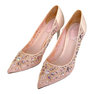 René Caovilla Blush Pink Chrystal  Embellished Lace Pumps