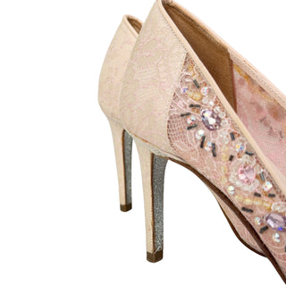 René Caovilla Blush Pink Chrystal  Embellished Lace Pumps