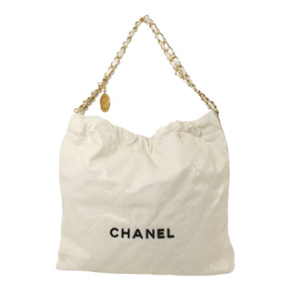 Title: Chanel 22 Large White Quilted Leather Tote Bag with Gold Chain Strap & Pouch