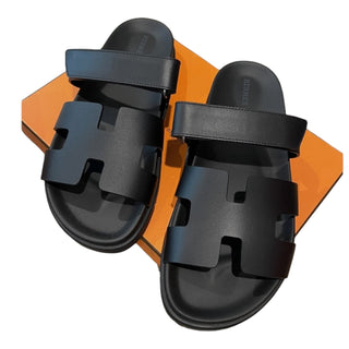 Hermès Chypre Black Leather Adjustable Strap Sandals