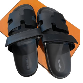 Hermès Chypre Black Leather Adjustable Strap Sandals