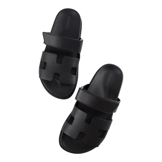 Hermès Chypre Black Leather Adjustable Strap Sandals