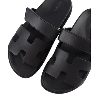 Hermès Chypre Black Leather Adjustable Strap Sandals