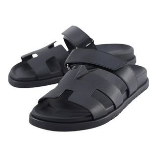 Hermès Chypre Black Leather Adjustable Strap Sandals