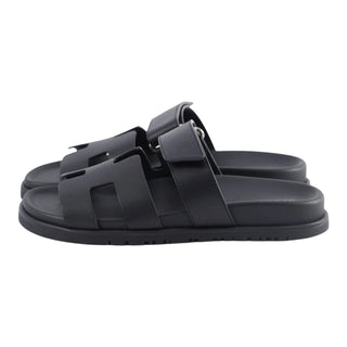 Hermès Chypre Black Leather Adjustable Strap Sandals
