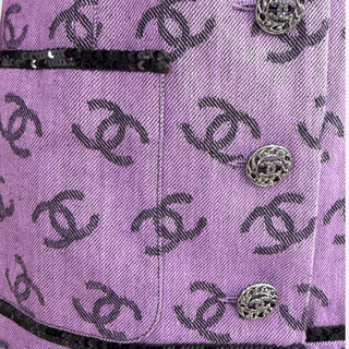 Chanel Purple CC Logo Jacquard Long Jacket Size FR 34