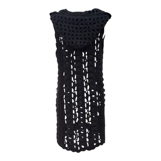 Chanel Black Crochet Knit Hooded Long Vest with Crystal Camellia Buttons
