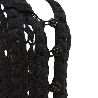 Chanel Black Crochet Knit Hooded Long Vest with Crystal Camellia Buttons