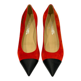 Chanel Gabrielle Red Suede Pointed-Toe Pumps with Black Cap Toe