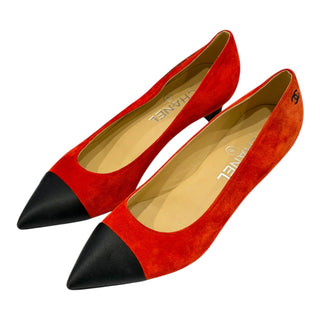 Chanel Gabrielle Red Suede Pointed-Toe Pumps with Black Cap Toe